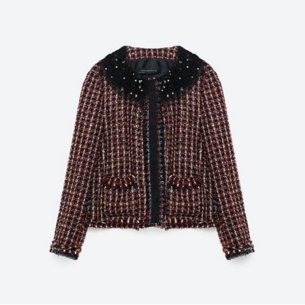 ZARA BLACK RED PLAID TWEED BEADED JACKET size small - Picture 5 of 13